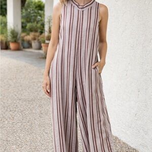 Gabby Isabella Brown and White Striped Jumpsuit